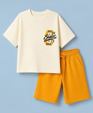 Pine Kids Cotton Denim Knit Half Sleeves T-shirt & Shorts Set With Text Print - Offwhite & Yellow