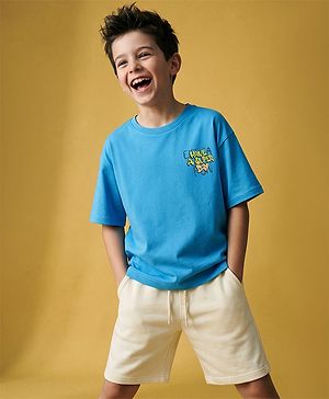 Pine Kids Cotton Denim Knit Half Sleeves T-shirt and Shots Set With Text Print - Sky Blue