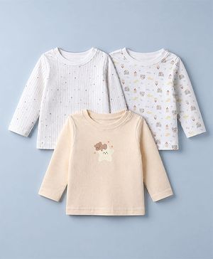 Babyhug 100% Cotton Interlock Knit Full Sleeves T-Shirts with Star and Bear Print Pack of 3 in White & Beige