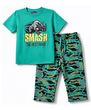Pine Kids 100% Cotton Knit Half Sleeves Rhino Text & Camouflage Printed T-Shirt & Pyjama Night Suit - Green
