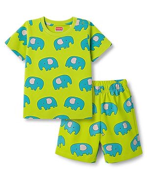 Babyhug 100% Cotton Knit Half Sleeves Co-Ords T-Shirt & Shorts Night Suit with Elephant Print - Green