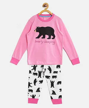 Lazy Shark Bear Printed Full Sleeves Night Suit - Pink