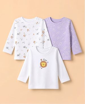Babyhug 100% Cotton Interlock Knit Full Sleeves T-Shirts with Lion, Jungle Safari Theme & Clouds Print Pack of 3 - Lavender & White