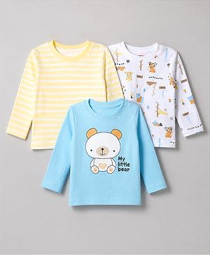 Babyhug 100% Cotton Interlock Knit Full Sleeves Round Neck T-shirts With Stripes And Bear Print Pack Of 3 - Blue Yellow & White