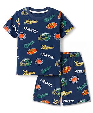 Babyhug 100% Cotton Knit Half Sleeves Co-Ords T-Shirt & Shorts Night Suit with Sports Theme Print - Navy Blue