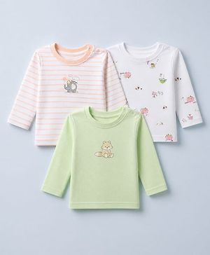 Babyhug 100% Cotton Interlock Knit Full Sleeves Infant Tee With Elephant Print Pack Of 3 - Peach Green & White