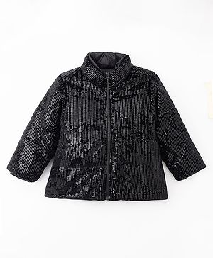 Babyhug Woven Full Sleeves Padded Jacket with Sequin Detailing - Black