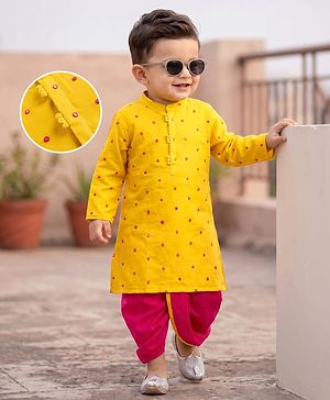 Babyhug Georgette Woven Full Sleeves Sequin Embroidered Kurta Dhoti Set - Red & Yellow
