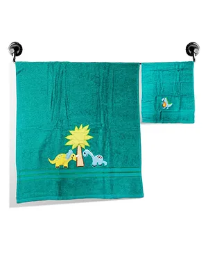 Little Jamun Premium Bath & Hand Cotton Towel Dino Print - Dynamic green