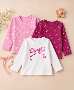 Babyhug 100% Cotton Knit Full Sleeves T-shirts With Bow Print - Pink & White