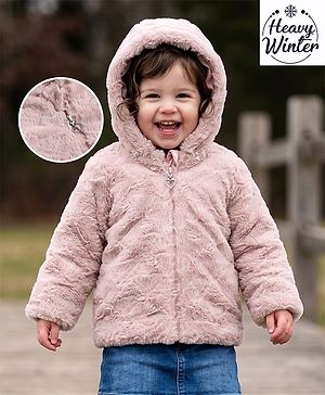 Babyhug Woven Full Sleeves Solid Colour Fur Jacket with Hood - Light Pink