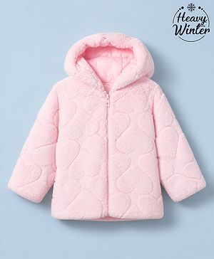 Babyhug Woven Front Open Fur Hoodie with Full Sleeves and Heart Design - Pink