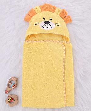 Babyhug Cotton Knit Microfiber Hooded Towel With Lion Embroidery L 77 x B 74.5 cm - Yellow