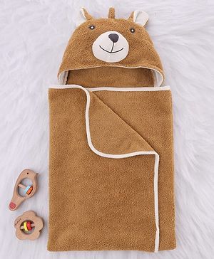 Babyhug Cotton Knit Microfiber Hooded Towel With Bear Applique L 74.5 x B 74.5 cm - Brown