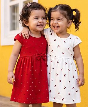 Babyhug Single Jersey Knit Half Sleeves Floral & Polka Dots Printed Frocks With Bow Applique Pack Of 2 - Red & White