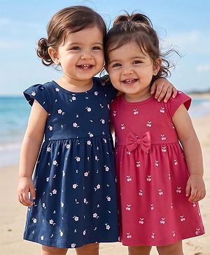 Babyhug Single Jersey Knit Half Sleeves Floral Printed Frocks With Bow Applique Pack Of 2 - Navy Blue & Dark Pink