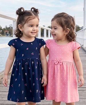 Babyhug Single Jersey Knit Half Sleeves Bow & Floral Printed Frock With Bow Applique Pack of 2 - Pink & Navy Blue