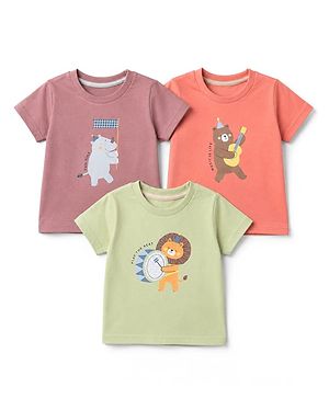 Zero Sinker Knit Half Sleeves Tshirts With Animal Print Pack of 3 - Green, Onion & Peach