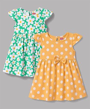 Babyhug Single jersey Knit Cap Sleeves Frock Floral & Polka Dot Print Pack of 2 - Green & Yellow