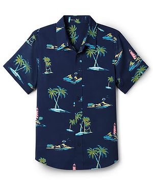 Pine Kids Woven Half Sleeves Shirt with Tropical Theme Print - Blue