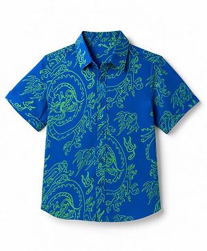 Pine Kids Cotton Knit Printed Shirt with Half Sleeves and Dragon Print - Blue