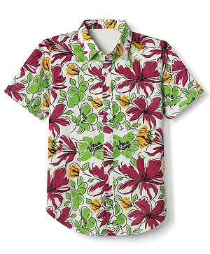 Pine Kids Viscose Knit Half Sleeves Printed Shirt with Floral Print - Green