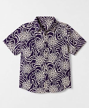 Pine Kids Viscous Knit Half Sleeves Printed Shirt with Floral Print - Purple