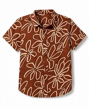 Pine Kids Viscose Knit Half Sleeves Floral Printed Shirt - Brown