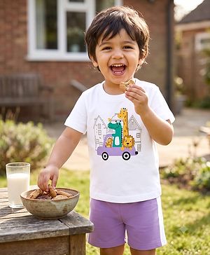 Babyhug 100% Cotton Knit Half Sleeves Dino & Car Printed T-Shirt & Shorts Night Suit - White