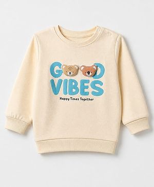 Babyhug 100% Cotton Knit Sweatshirt with Full Sleeves and Bear Applique Print - OffWhite
