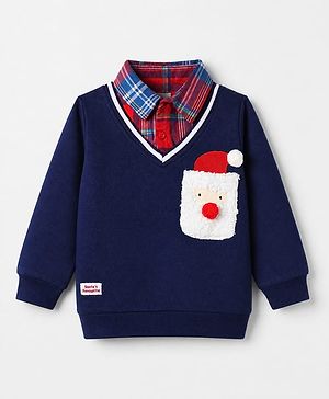 Babyhug 100% Cotton Terry Knit Full Sleeves Heavy Gauge Sweatshirt With Santa Claus Applique - Blue