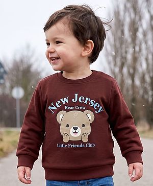 Babyhug Heavy Gauge 100% Cotton Terry Knit Full Sleeves Sweatshirt With Text & Bear Print - Dark Brown