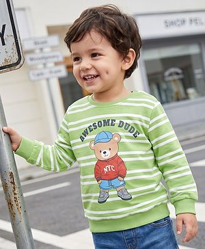 Babyhug 100% Cotton Terry Knit Striped Sweatshirt with Full Sleeves & Bear Print - Green