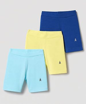 Pine Kids Cotton Lycra Knit Above Knee Length Cycling Shorts Pack of 3 - Blue, Light Blue & Yellow