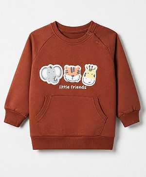 Babyhug 100% Cotton Heavy Gauge Terry Knit Sweatshirt with Full Raglan Sleeves and Animal Patch in Dark Brown
