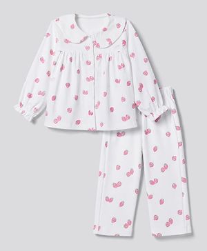 Bonfino 100% Cotton Knit Full Sleeves Co-Ords Top & Pyjama Night Suit with Strawberry Print - White