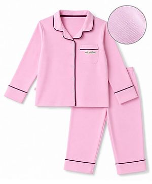 Bonfino 100 % Cotton Knit Full Sleeves Shirt With Pocket & Pyjama Night Suit - Pink