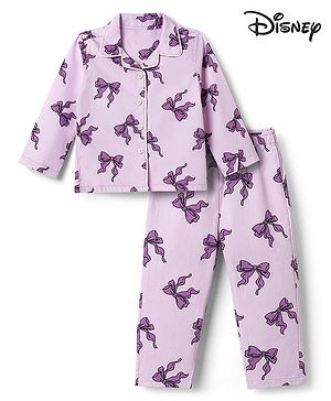Babyhug Disney 100% Cotton Poplin Woven Full Sleeves Co-ord Shirt & Pajama Night Suit with Minnie Mouse Bows Graphic Print - Lilac