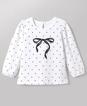 Babyhug Cotton Knit T-Shirt with Full Sleeves Polka Dot &  Bow Print - White