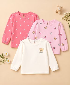 Babyhug 100% Cotton Knit Full Sleeves T-Shirts with Bear Print Pack of 3 in White Pink