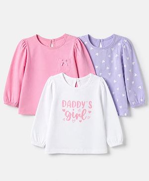 Babyhug Cotton Knit Full Sleeves T-Shirts with Daddy's Girl Heart Print & Bow Applique Pack of 3 - Pink, Lavender & White