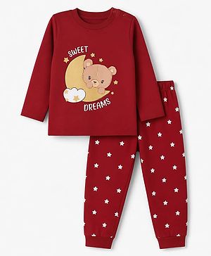 Babyhug 100% Cotton Knit Full Sleeves T-Shirt & Pyjama Night Suit with Bear & Moon Print - Red