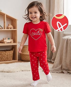 Babyhug 100% Cotton Knit Half Sleeves T-Shirt & Pyjama Night Suit with Cute Heart & Bow Print - Red