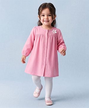 Babyhug 100% Cotton Woven Frock and Legging with Full Sleeves and Floral Applique in Pink for 2-3 Years