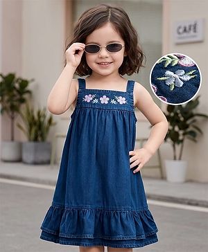 Babyhug Denim Woven Sleeveless Floral Embroidered Frock - Navy Blue