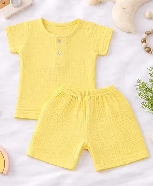 MumsLap Muslin Woven Half Sleeves
                              Solid Shirt & Shorts Set - Yellow