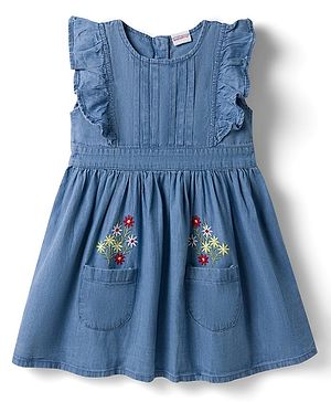 Babyhug Denim Woven Sleeveless Floral Embroidered Frock - Blue
