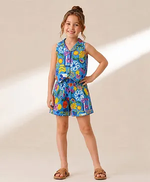 Qvink Cotton Woven Tropical Theme
                              Printed Coordinating Top & Shorts Set
                              - Blue