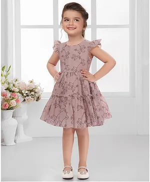 SNAZZY Girl Cotton Woven Frill
                                  Sleeves Floral Embroidered Dress -
                                  Light Brown