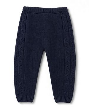 Babyhug Knit Full Length Fleece & Woollen Pant With Knot Design - Navy Blue